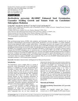 Burkholderia Pyrrocinia JK-SH007 Enhanced Seed Germination, Cucumber Seedling Growth and Tomato Fruit Via Catecholate- Siderophore-Mediation