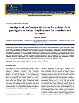 Analysis of Preference Attributes for Spider Plant Genotypes in Kenya: Implications for Breeders and Farmers