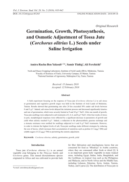 Germination, Growth, Photosynthesis, and Osmotic Adjustment of Tossa Jute (Corchorus Olitrius L.) Seeds Under Saline Irrigation