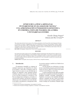 Léxico De La Pesca Artesanal Puntarenense En El Golfo De Nicoya* Una Aproximación Etnográfico-Semántica En Chomes, Costa De Pájaros, Isla Chira Y Puntarenas Centro