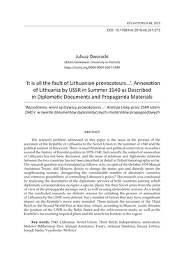 Annexation of Lithuania by USSR in Summer 1940 As Described in Diplomatic Documents and Propaganda Materials