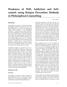 Weakness of Will, Addiction and Self- Control: Using Relapse Prevention Methods in Philosophical Counselling