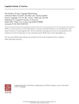 The Paradox of Sign Language Morphology Author(S): Mark Aronoff, Irit Meir and Wendy Sandler Source: Language, Vol