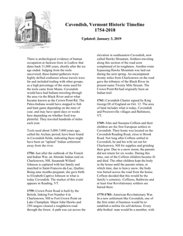 Cavendish, Vermont Historic Timeline 1754-2018