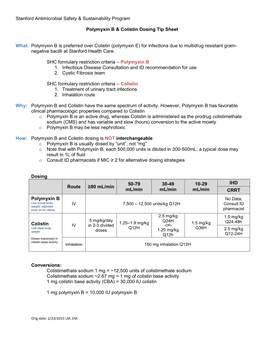 Polymyxin B & Colistin Dosing Tip Sheet