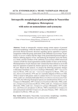 Intraspecific Morphological Polymorphism in Naucoridae
