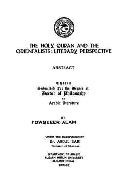 THE Holy QURAN and the ORIENTALISTS: Literary PERSPECTIVE