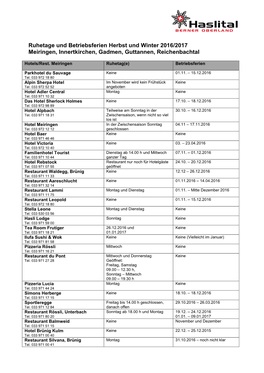 Ruhetage Und Betriebsferien Herbst Und Winter 2016/2017 Meiringen, Innertkirchen, Gadmen, Guttannen, Reichenbachtal