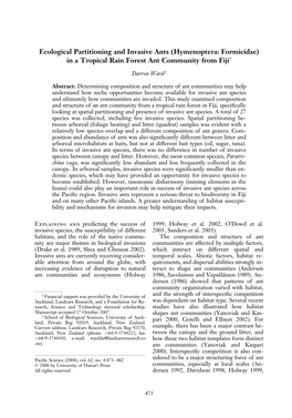 Ecological Partitioning and Invasive Ants (Hymenoptera: Formicidae) in a Tropical Rain Forest Ant Community from Fiji1