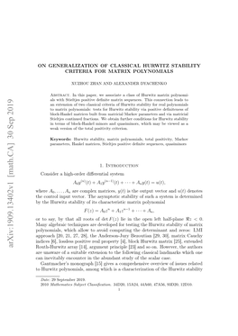 Arxiv:1909.13402V1 [Math.CA] 30 Sep 2019 Routh-Hurwitz Array [14], Argument Principle [23] and So On