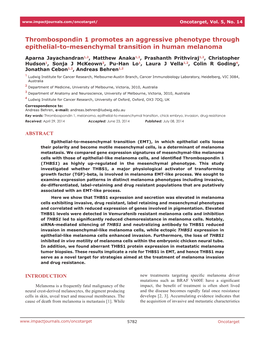 Thrombospondin 1 Promotes an Aggressive Phenotype Through Epithelial-To-Mesenchymal Transition in Human Melanoma