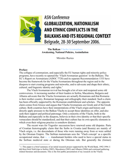 The Balkan Vlachs/Aromanians Awakening, National Policies, Assimilation Miroslav Ruzica Preface the Collapse of Communism, and E