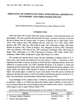 Fish Fauna of North East India with Special Reference to Endemic and Threatened Species