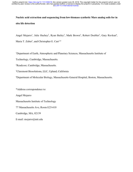 Nucleic Acid Extraction and Sequencing from Low-Biomass Synthetic Mars Analog Soils for in Situ Life Detection