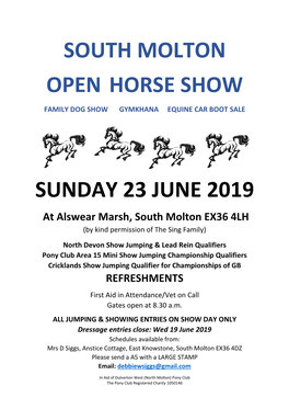 SOUTH MOLTON HORSE SHOW - ENTRY FORM 2019 UNAFFILIATED DRESSAGE ONLY - ENTRIES CLOSE 19 JUNE Entry Fee: DWNM Member £8.00 Non-Member £10.00