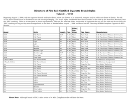 Directory of Fire Safe Certified Cigarette Brand Styles Updated 11/20/09