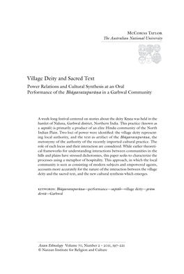 Village Deity and Sacred Text Power Relations and Cultural Synthesis at an Oral Performance of the Bhāgavatapurāṇa in a Garhwal Community