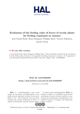 Evaluation of the Feeding Value of Leaves of Woody Plants for Feeding