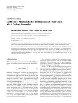 Synthesis of Macrocyclic Bis-Hydrazone and Their Use in Metal Cations Extraction