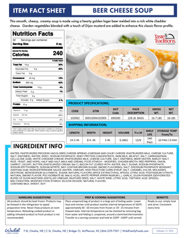 Item Fact Sheet Beer Cheese Soup