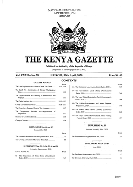 THE KENYA GAZETTE Published by Authority of the Republic of Kenya (Registered As a Newspaper at the G.P.O.) � Vol