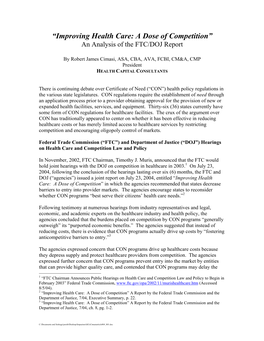 “Improving Health Care: a Dose of Competition” an Analysis of the FTC/DOJ Report