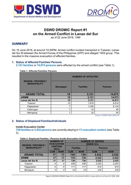 DSWD DROMIC Report #1 on the Armed Conflict in Lanao Del Sur As of 22 June 2018, 1AM