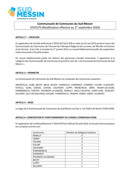 Communauté De Communes Du Sud Messin STATUTS (Modification Effective Au 1Er Septembre 2020)