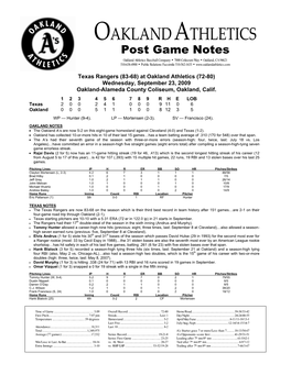 09-23-2009 Post Game Notes