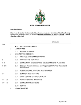Committee of the Whole Meeting of the Corner Brook City Council, to Be Held on Monday, November 18, 2019At7:00 PM