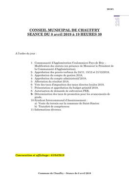 CONSEIL MUNICIPAL DE CHAUFFRY SEANCE DU 8 Avril 2019 À 19 HEURES 30