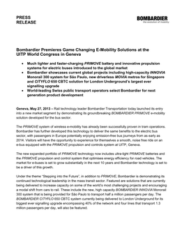 PRESS RELEASE Bombardier Premieres Game Changing E