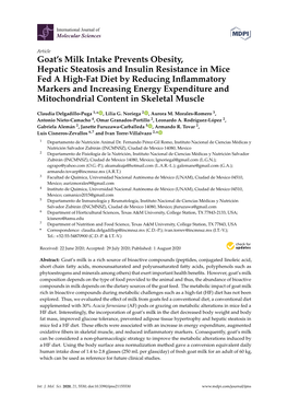 Goat's Milk Intake Prevents Obesity, Hepatic Steatosis and Insulin Resistance in Mice Fed a High-Fat Diet by Reducing Inflamma