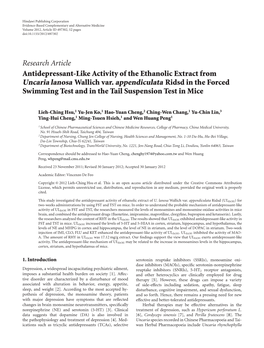 Research Article Antidepressant-Like Activity of the Ethanolic Extract from Uncaria Lanosa Wallich Var. Appendiculata Ridsd in T