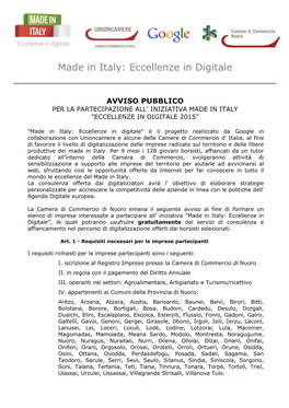 Avviso Pubblico Per La Partecipazione All' Iniziativa Made in Italy "Eccellenze in Digitale 2015"