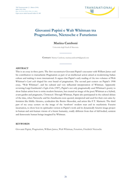 Giovanni Papini E Walt Whitman Tra Pragmatismo, Nietzsche E Futurismo