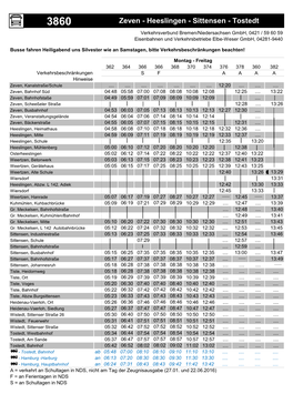 Zeven - Heeslingen - Sittensen - Tostedt Verkehrsverbund Bremen/Niedersachsen Gmbh, 0421 / 59 60 59 Eisenbahnen Und Verkehrsbetriebe Elbe-Weser Gmbh, 04281-9440