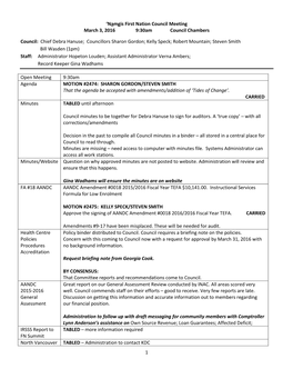 1 'Namgis First Nation Council Meeting March 3, 2016 9:30Am