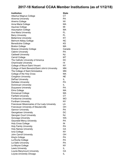 2017-18 National CCAA Member Institutions (As of 1/12/18)