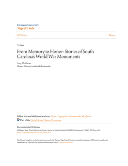 Stories of South Carolina's World War Monuments Amy Matthews Clemson University, Matthe3@Clemson.Edu