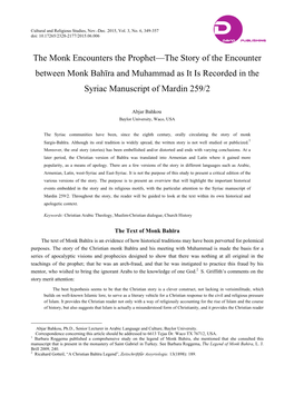 The Monk Encounters the Prophet—The Story of the Encounter Between Monk Bahīra and Muhammad As It Is Recorded in the Syriac Manuscript of Mardin 259/2