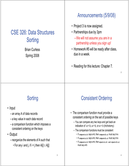 Sorting Partnership Unless You Sign Up! Brian Curless • Homework #5 Will Be Ready After Class, Spring 2008 Due in a Week