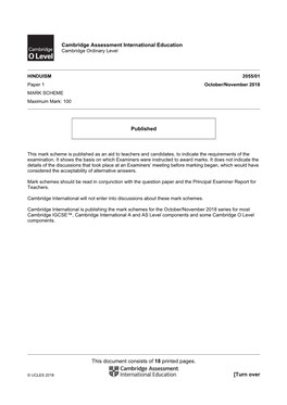 Cambridge Ordinary Level HINDUISM 2055/01 Paper 1 October/November 2018 MARK SCHEME Maximum Mark