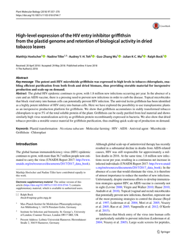 High-Level Expression of the HIV Entry Inhibitor Griffithsin from the Plastid Genome and Retention of Biological Activity in Dried Tobacco Leaves