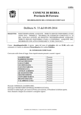 COMUNE DI BERRA Provincia Di Ferrara Delibera N. 33 Del 09-09