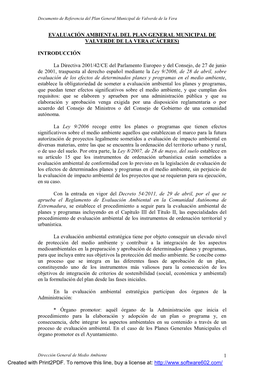 1 EVALUACIÓN AMBIENTAL DEL PLAN GENERAL MUNICIPAL DE VALVERDE DE LA VERA (CÁCERES) INTRODUCCIÓN La Directiva 2001/42/CE Del P