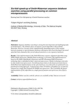 Six-Fold Speed-Up of Smith-Waterman Sequence Database Searches Using Parallel Processing on Common Microprocessors