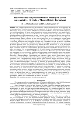 Socio-Economic and Political Status of Panchayats Elected Representatives (A Study of Mysore District-Karnataka)