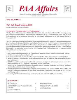 PAA Affairs 2011 Quarterly Newsletter of the Population Association of America, Inc