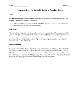 Interpreting the Periodic Table – Teacher Page